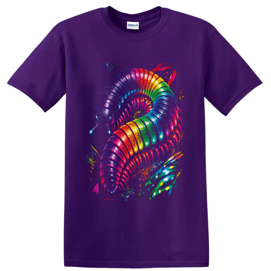 Psychedelic rainbow millipede with glossy segments, many legs, and paint splatters on a Purple T Shirt