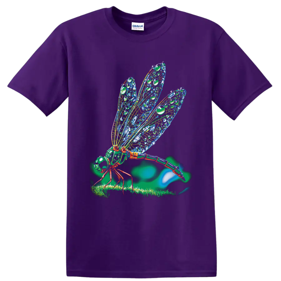 Colorful detailed cicada illustration with patterned wings, grass, and glowing nature on a Purple T Shirt
