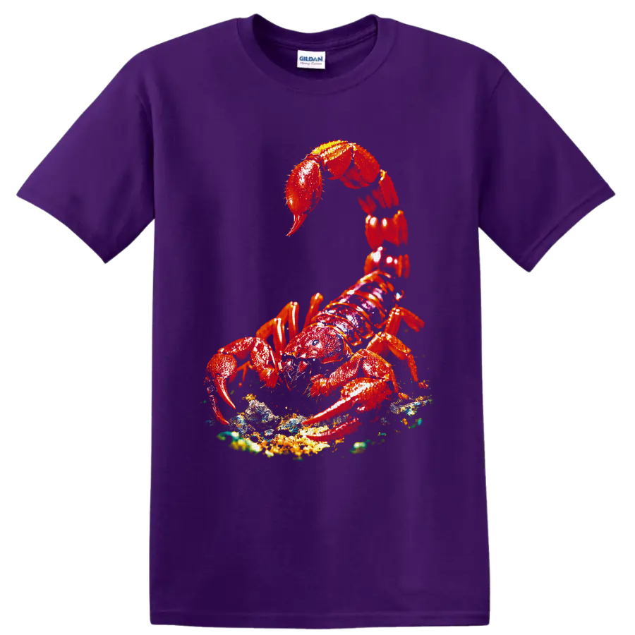 Vivid red lobster with raised claws on a textured ocean-floor graphic on a Purple T Shirt