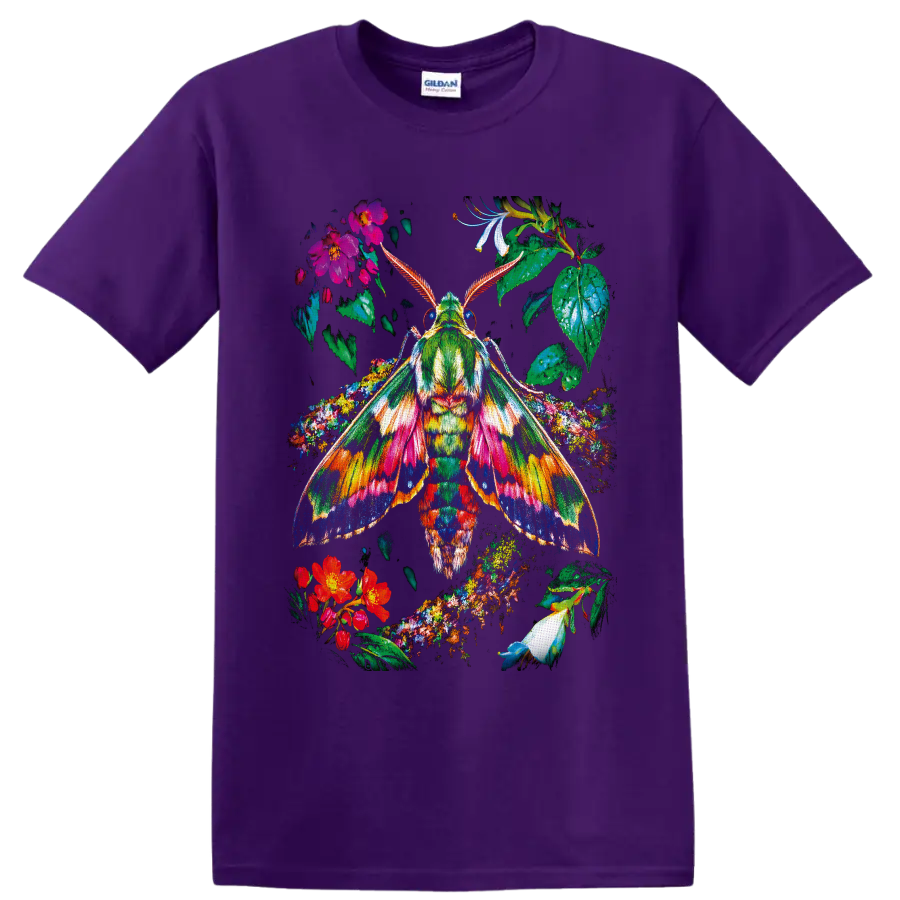 Colorful botanical moth with patterned wings, tropical flowers, and lush leaves on a Purple T Shirt