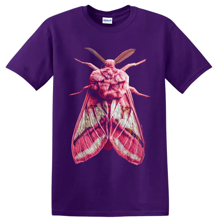 Detailed pink moth with textured wings and feathery antennae in gothic entomology art on a Purple T Shirt