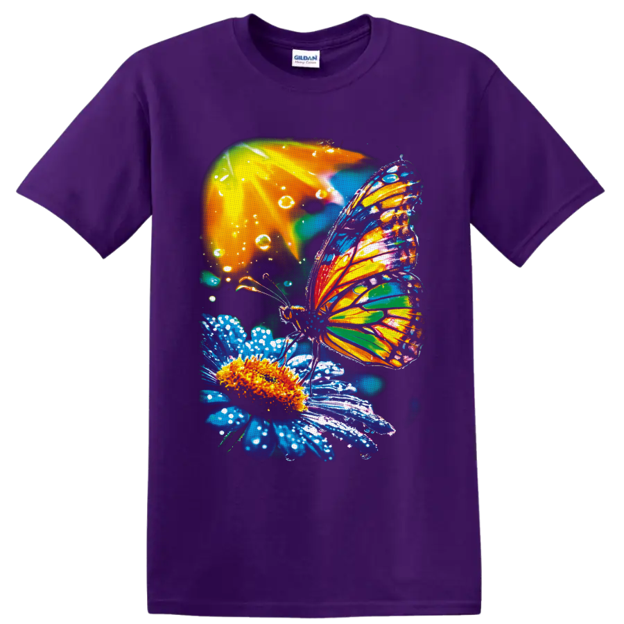 Colorful butterfly with jewel-toned wings resting on a blue flower with water droplets on a Purple T Shirt