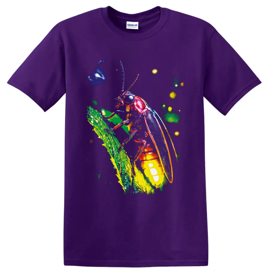 Neon-style firefly with blue wings and glowing abdomen on a green stem on a Purple T Shirt