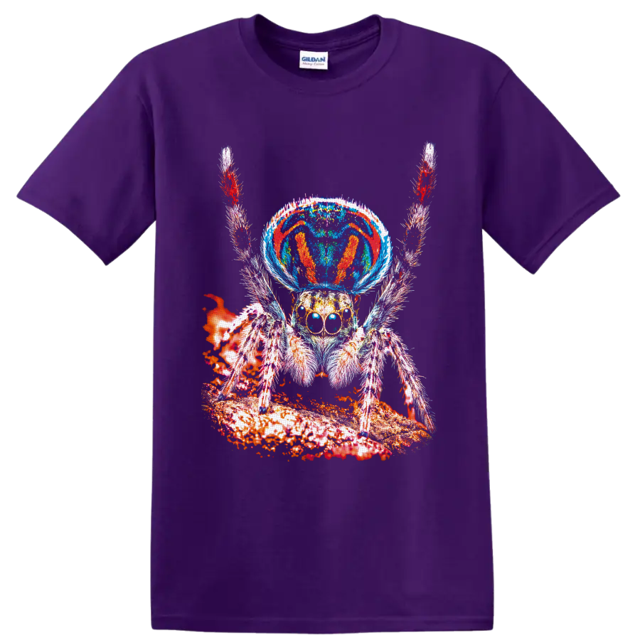 Psychedelic jumping spider with mushroom-inspired cap and vivid textured woodland art on a Purple T Shirt