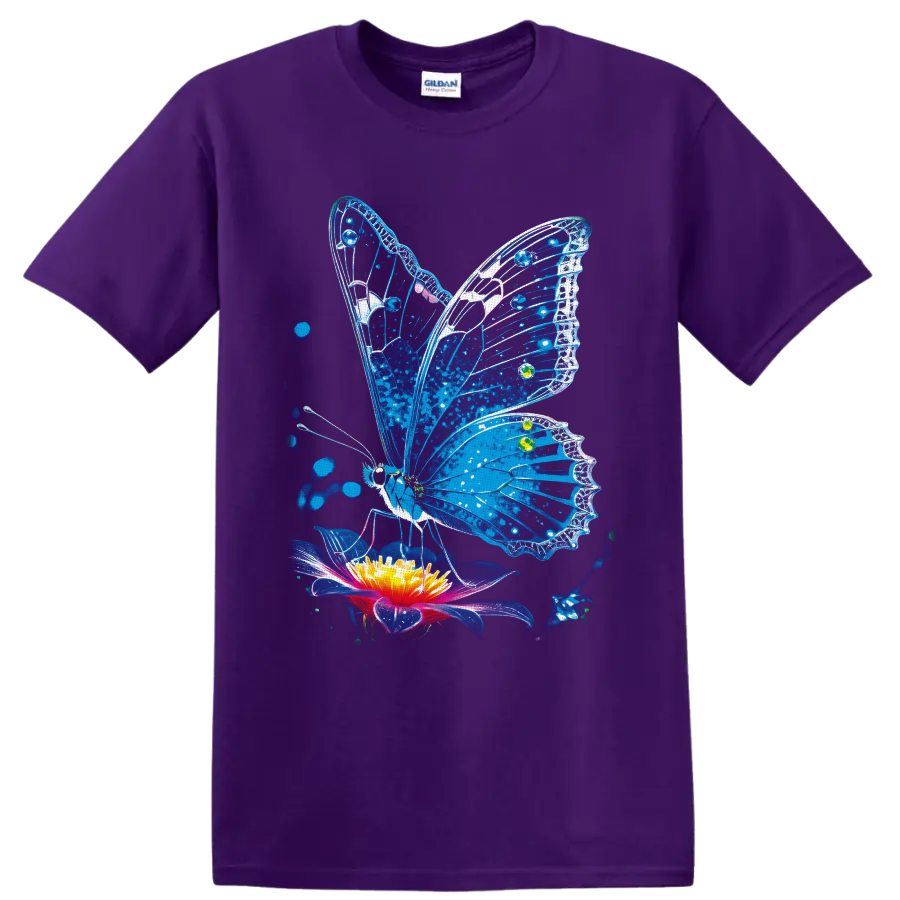 Blue stained-glass-style butterfly above a glowing flower with blue splatter accents on a Purple T Shirt