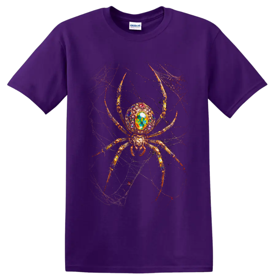 Ornate jeweled golden spider with colorful crystal body on a tangled gothic web on a Purple T Shirt
