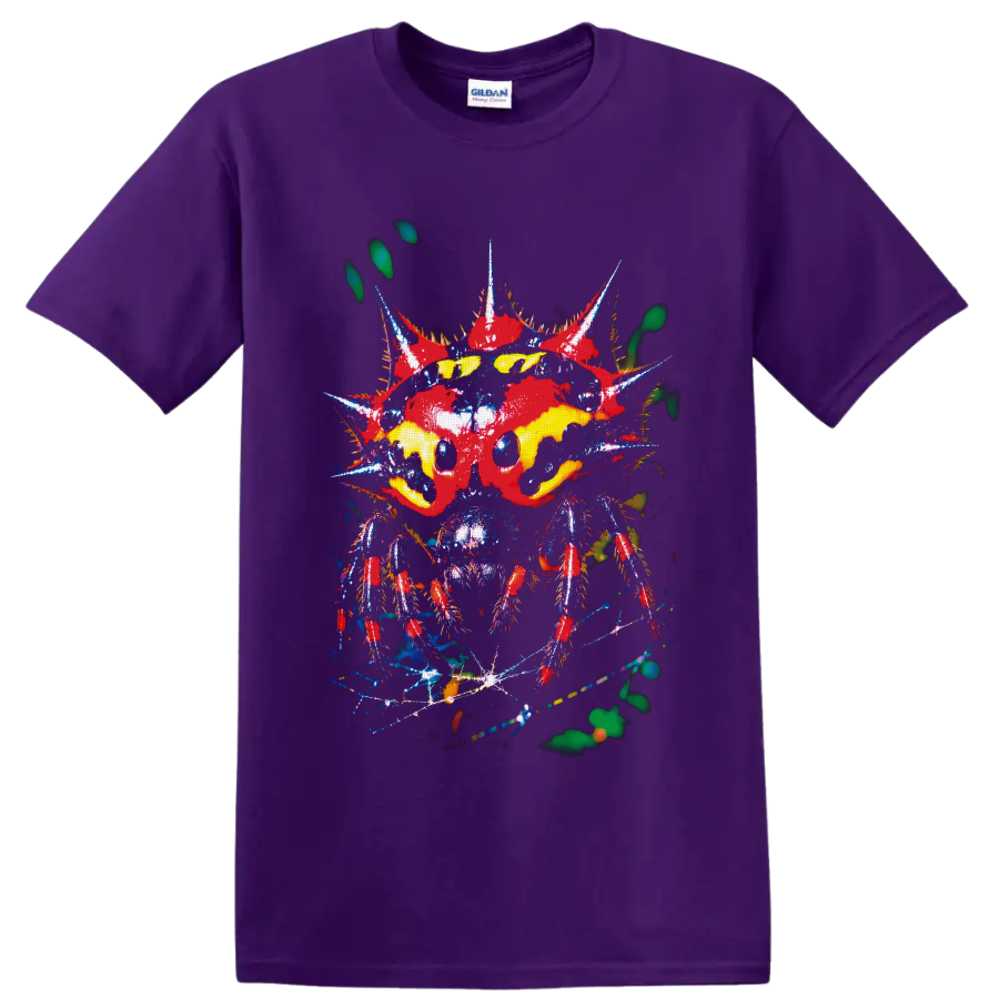 Surreal neon spiked insect with yellow eyes and distressed punk-style details on a Purple T Shirt