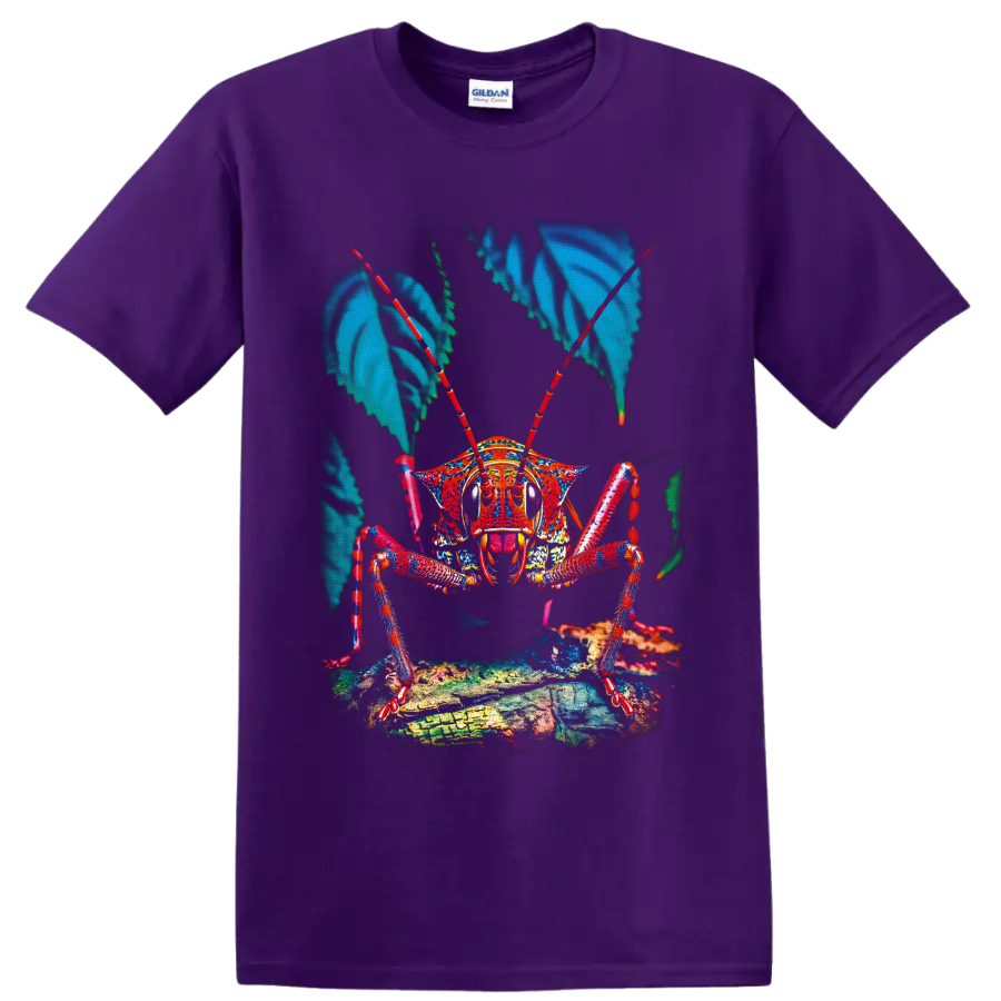 Colorful macro grasshopper illustration with red antennae, blue leaves, and textured on a Purple T Shirt