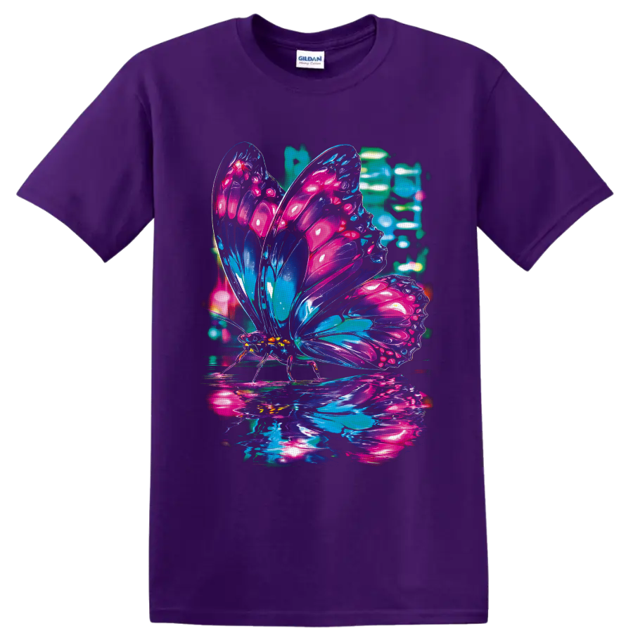Neon butterfly with glossy pink, purple, blue, and teal cyberpunk glass wings on a Purple T Shirt