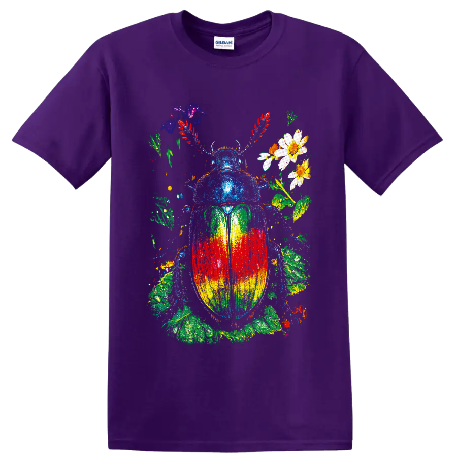 Rainbow scarab beetle with flowers and leafy botanical paint-splatter art on a Purple T Shirt