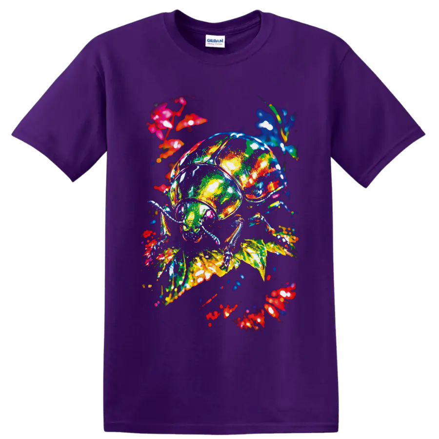 Colorful neon-style beetle amid glowing leaves, stems, and floral botanical accents on a Purple T Shirt