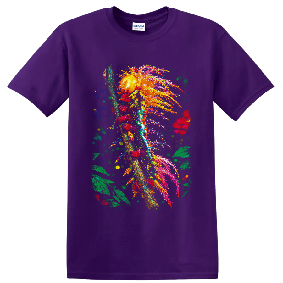 Colorful caterpillar on a branch with tropical leaves, flowers, and painterly splashes on a Purple T Shirt