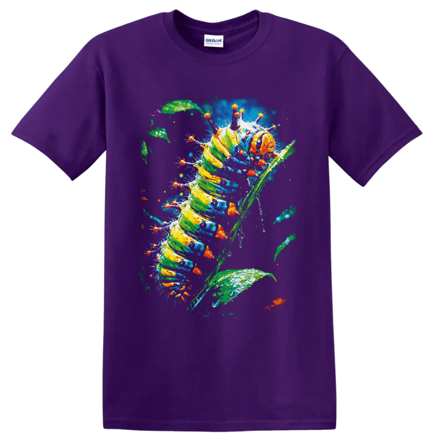 Colorful painterly caterpillar climbing a leafy stem with tiny orange insects on a Purple T Shirt
