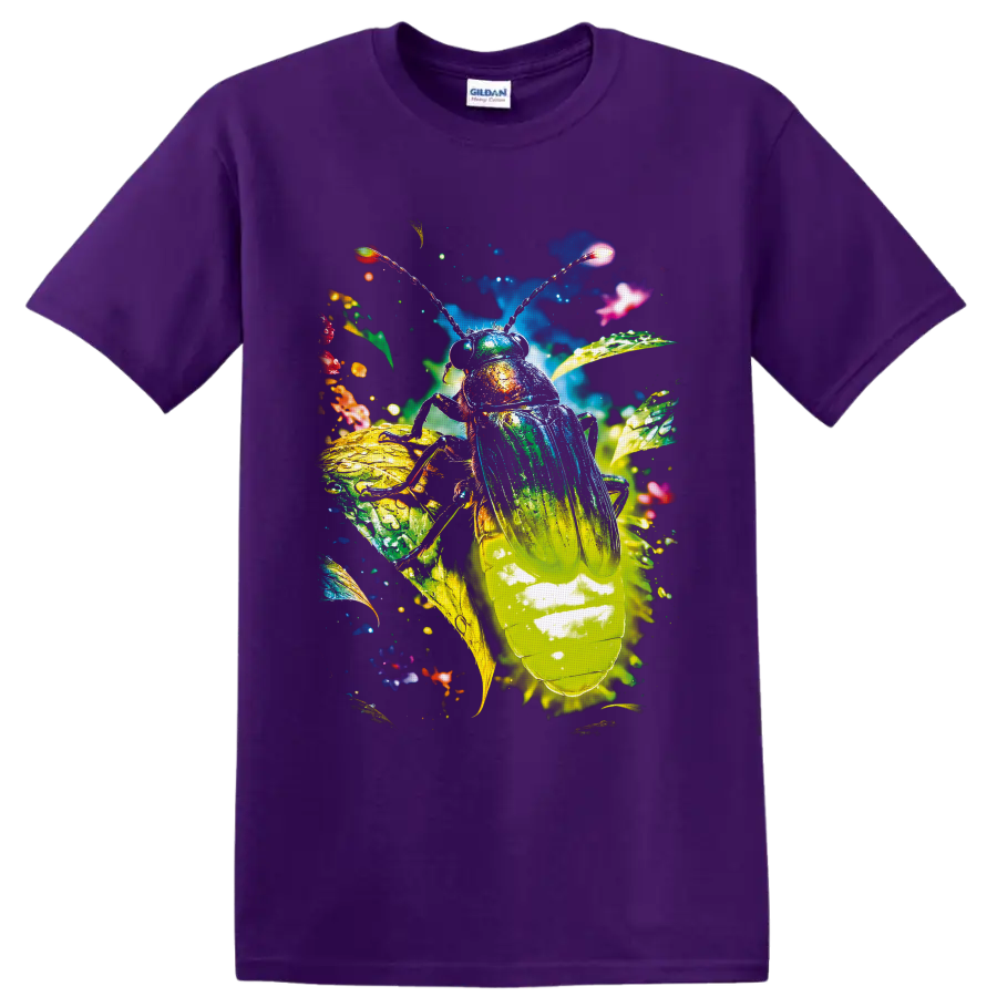 Colorful surreal cockroach with luminous wings, tropical leaves, and sparkling details on a Purple T Shirt