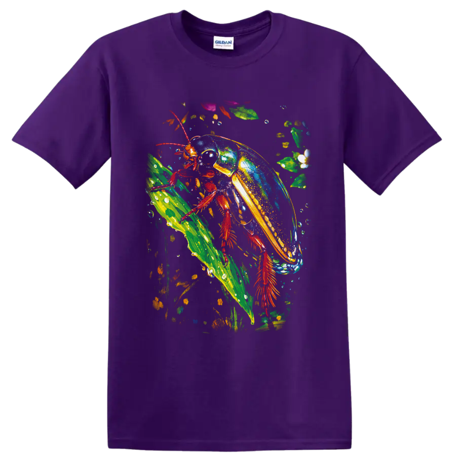 Colorful jewel-toned beetle climbing a tropical leaf in vivid painted nature art on a Purple T Shirt
