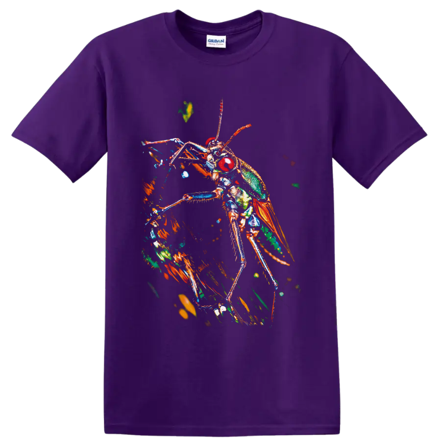 Colorful macro-style grasshopper with red eyes, green body, orange wings, and long legs on a Purple T Shirt