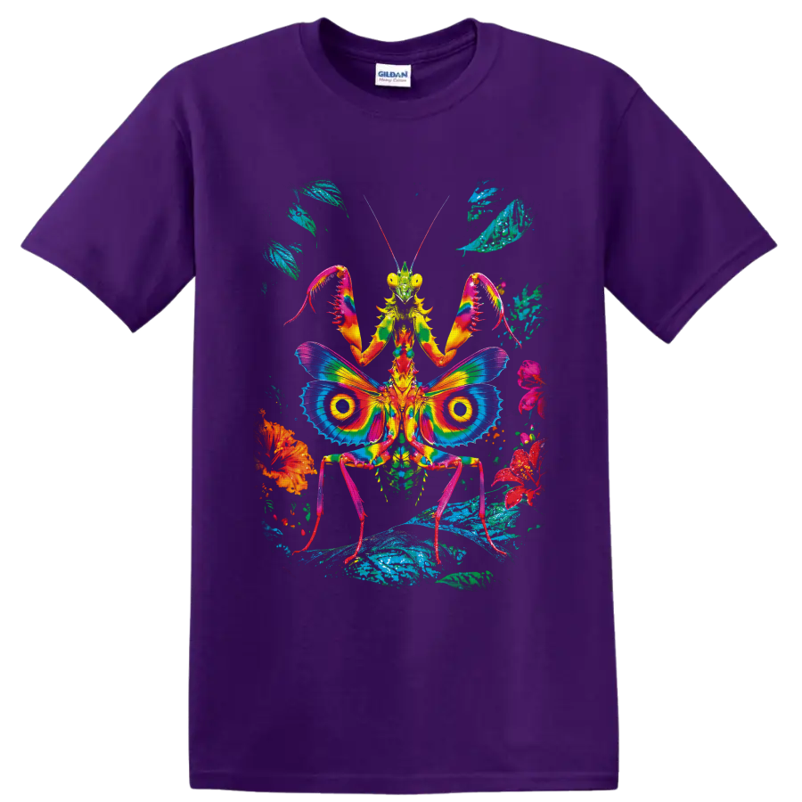 Psychedelic praying mantis with rainbow butterfly-like wings, flowers, and leaves on a Purple T Shirt