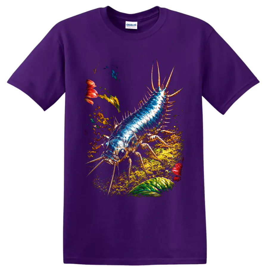 Blue spiny arthropod insect in vivid forest-floor graphic art on a Purple T Shirt