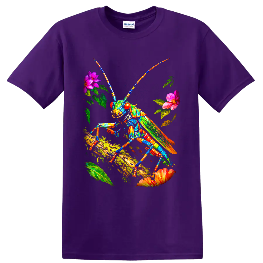 Colorful grasshopper on a mossy branch with flowers and leaves in vivid botanical art on a Purple T Shirt