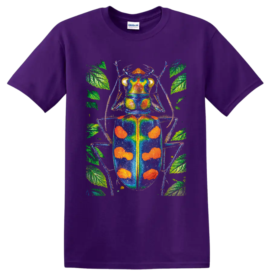 Vibrant blue and orange beetle illustration surrounded by green botanical leaves on a Purple T Shirt