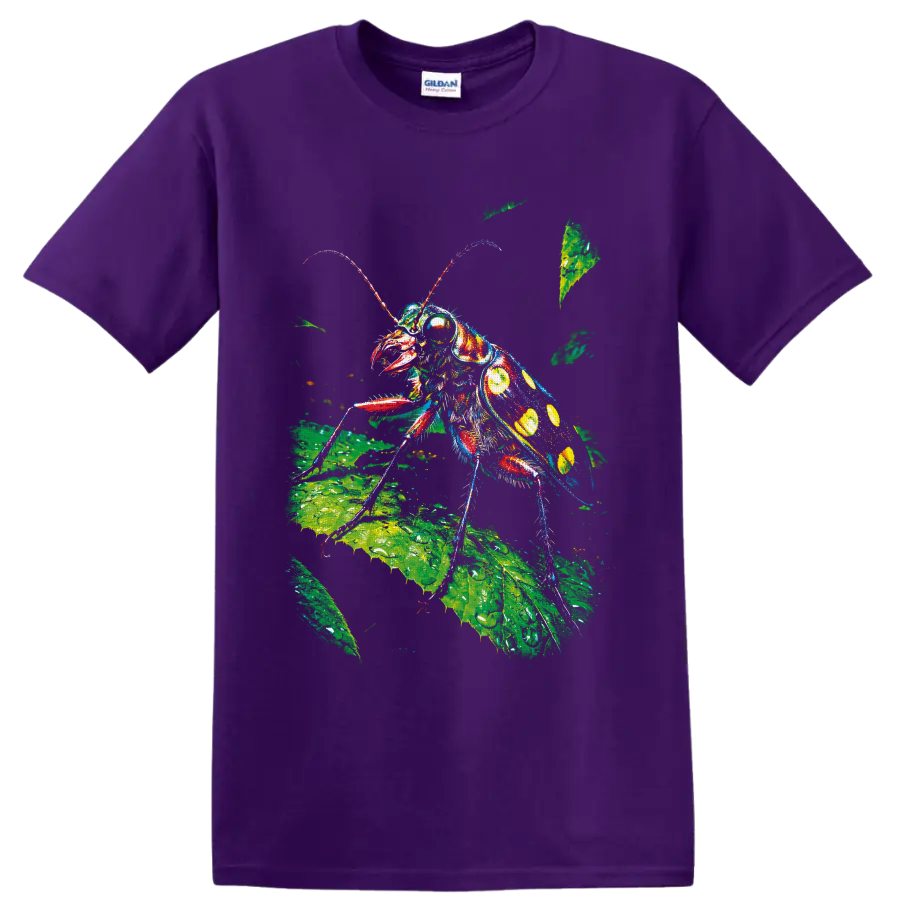 Colorful cockroach illustration on green botanical leaves in paint-splashed nature art on a Purple T Shirt