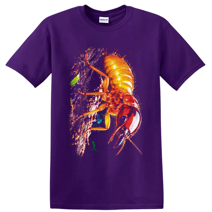 Colorful macro cockroach climbing textured bark in vivid nature art style on a Purple T Shirt