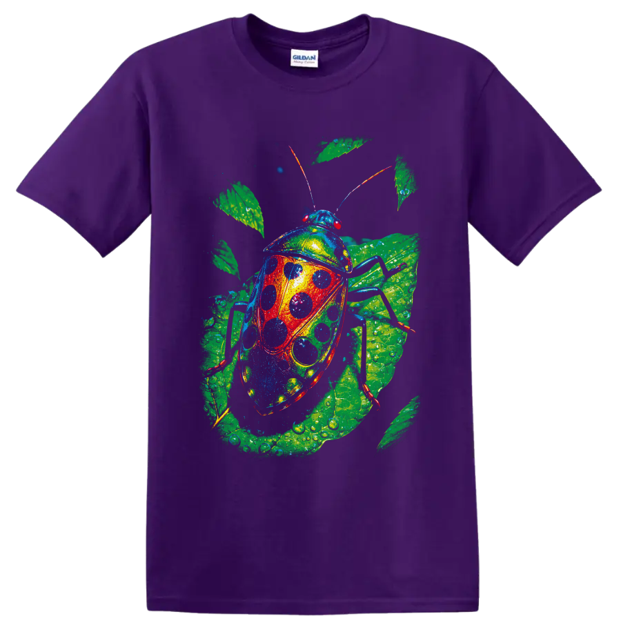Colorful spotted beetle nature art with dew-covered tropical leaves on a Purple T Shirt