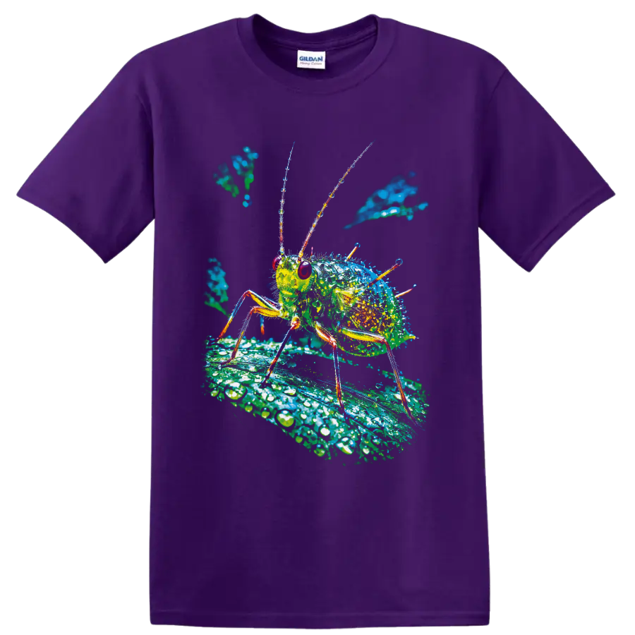 Colorful macro aphid illustration on a dew-covered leaf on a Purple T Shirt