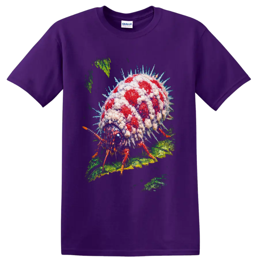 Surreal crystal-covered red ladybug with blue spines on textured green leaves on a Purple T Shirt