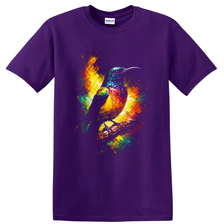 Colorful long-beaked bird on a branch with vibrant watercolor paint splashes on a Purple T Shirt