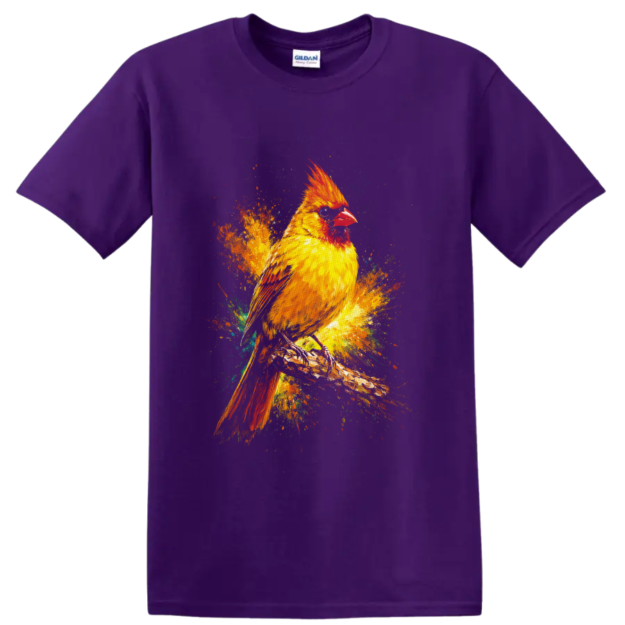 Cardinal bird on a branch in vivid multicolor paint splash wildlife art on a Purple T Shirt