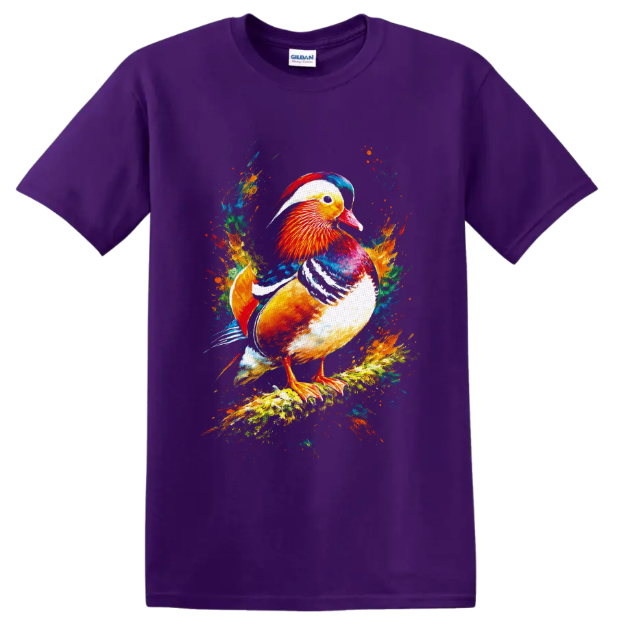 Mandarin duck in vivid painterly splash art on a branch on a Purple T Shirt