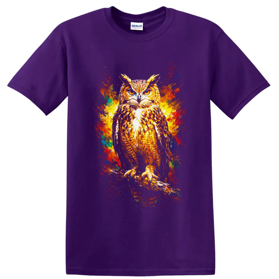 Golden-eyed owl illustration with colorful abstract paint splashes on a Purple T Shirt
