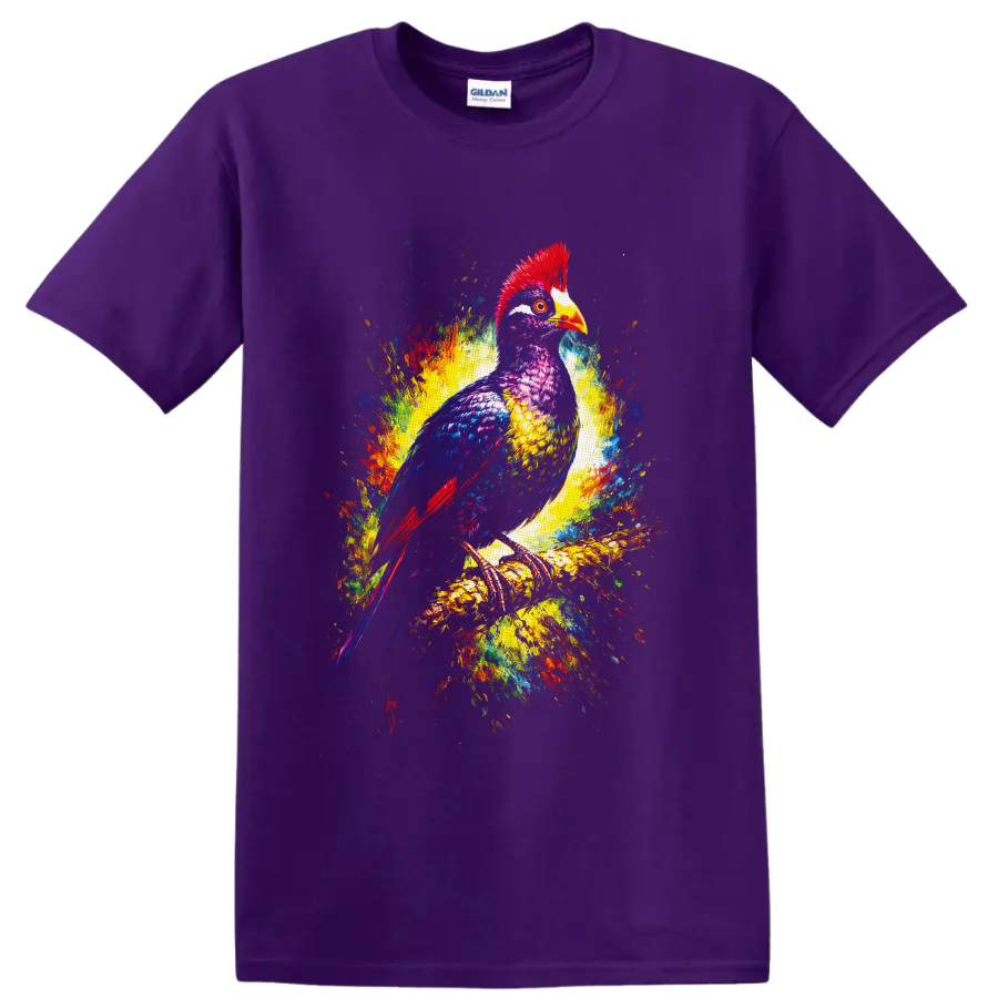 Colorful hornbill bird in vibrant painterly splashes perched on a branch on a Purple T Shirt