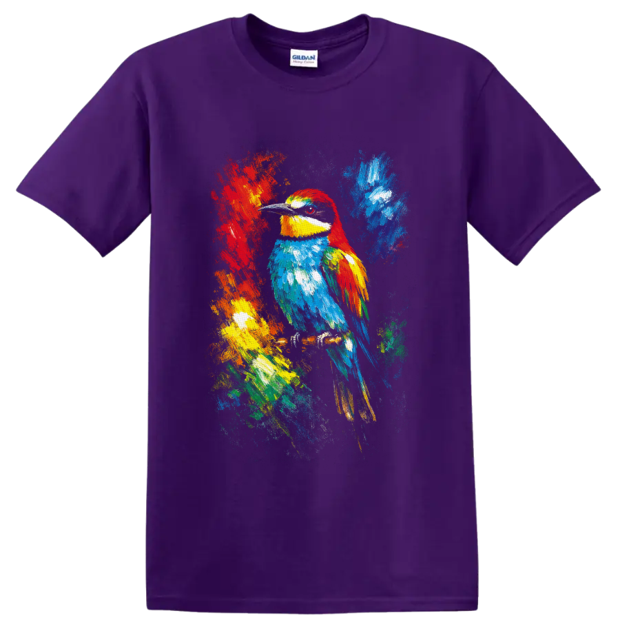 Colorful tropical bird portrait with abstract paint splashes and textured brushstrokes on a Purple T Shirt