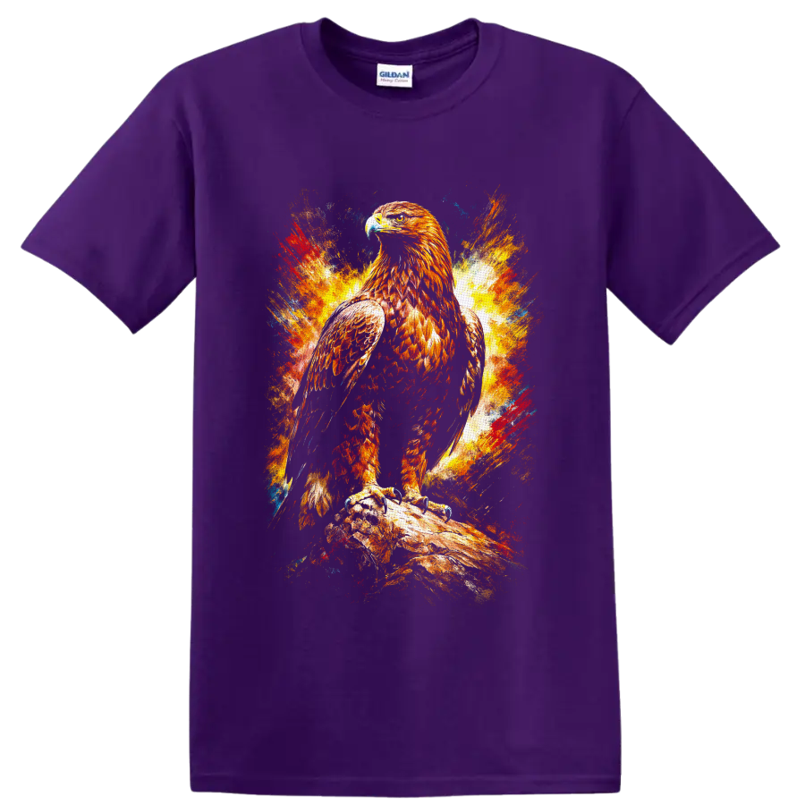 Fiery paint-splash bald eagle perched on a branch wildlife graphic on a Purple T Shirt