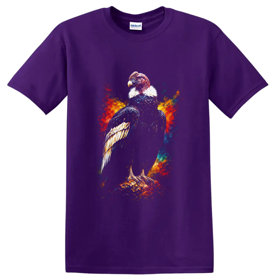 Colorful painterly vulture bird of prey perched amid vivid paint splashes on a Purple T Shirt