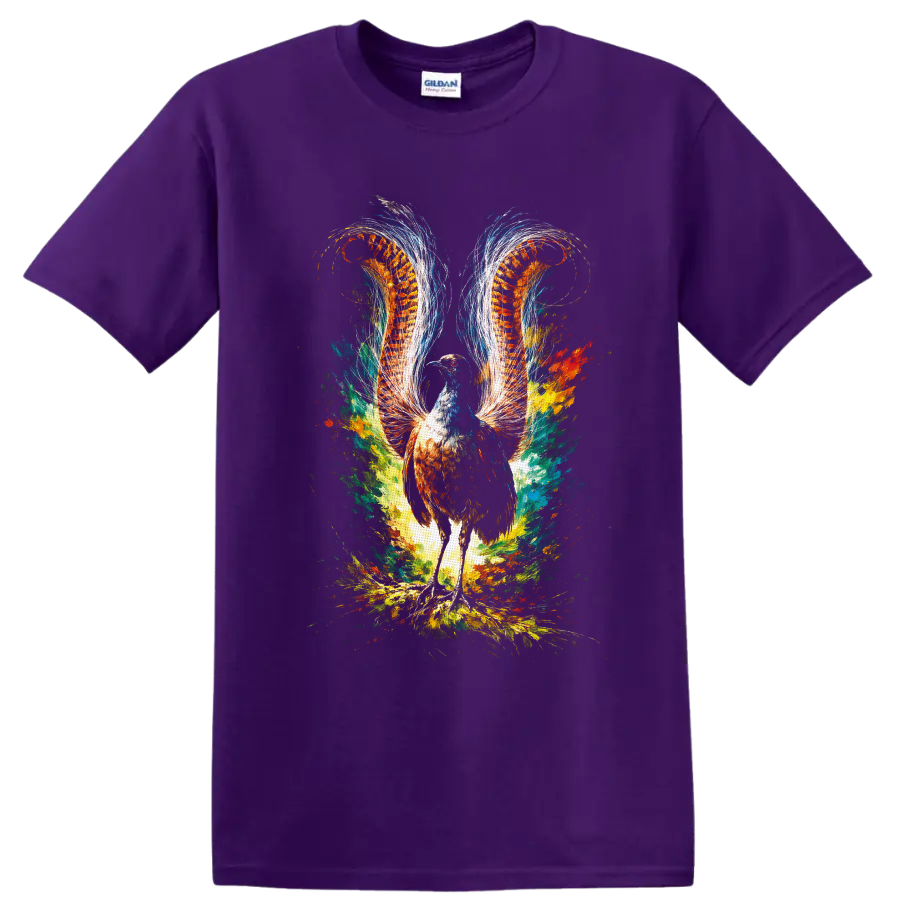Colorful fantasy pheasant with fiery feather wings and abstract paint splashes on a Purple T Shirt