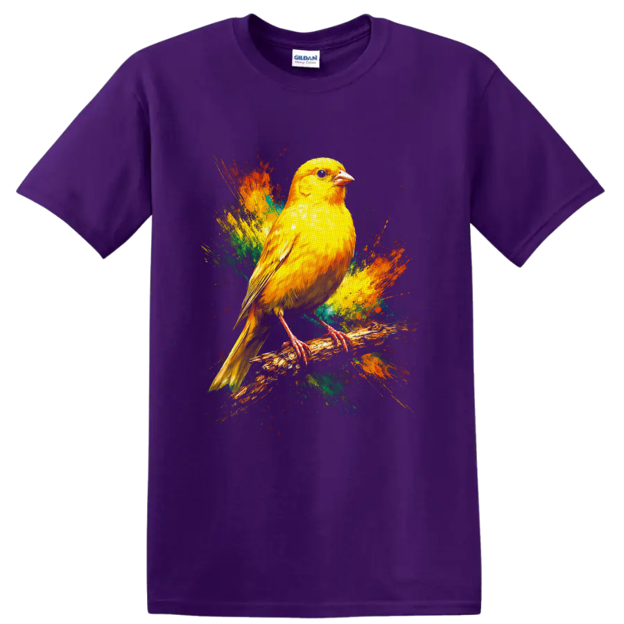Yellow canary perched on a branch with colorful paint splash art on a Purple T Shirt