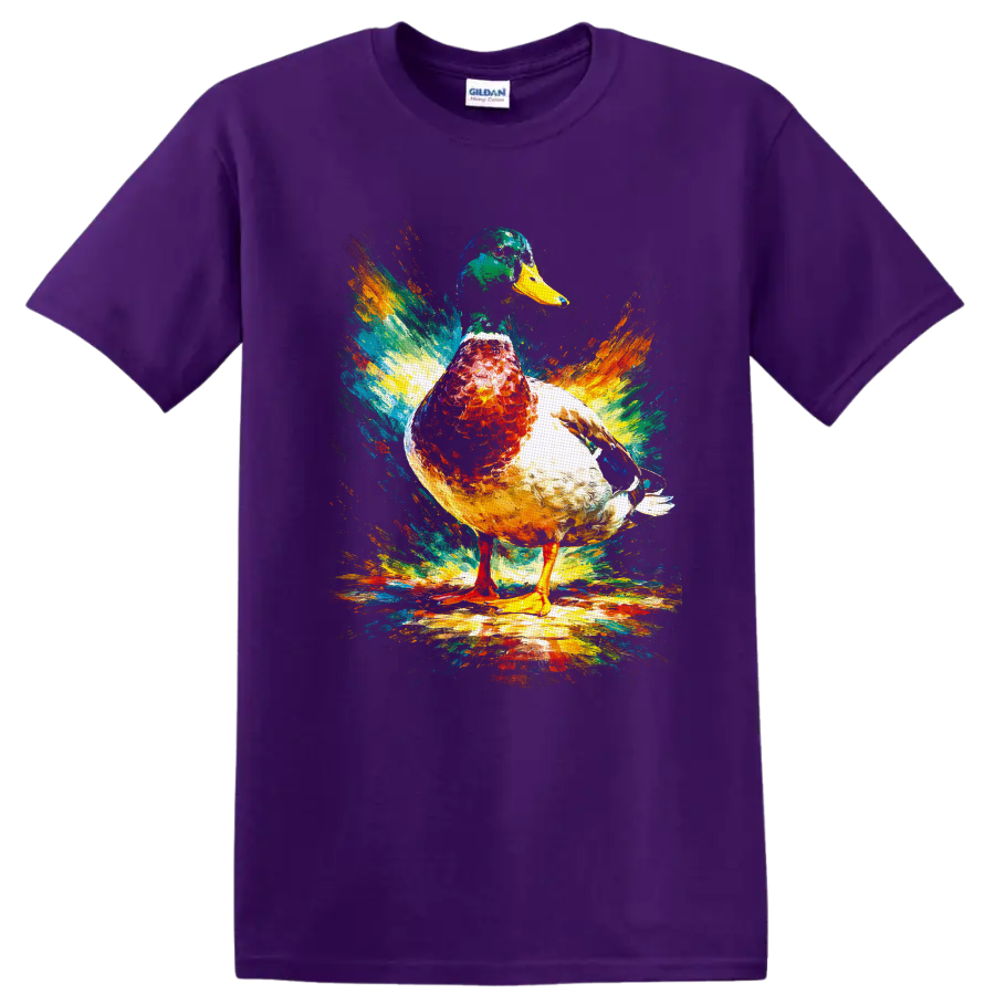 Painterly mallard duck with vibrant abstract color splash brushstrokes on a Purple T Shirt