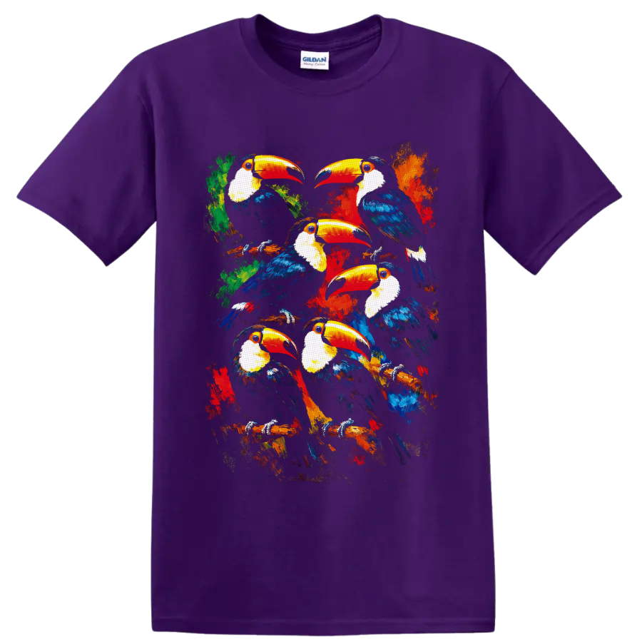 Painterly flock of six toucans on branches with vibrant tropical foliage on a Purple T Shirt