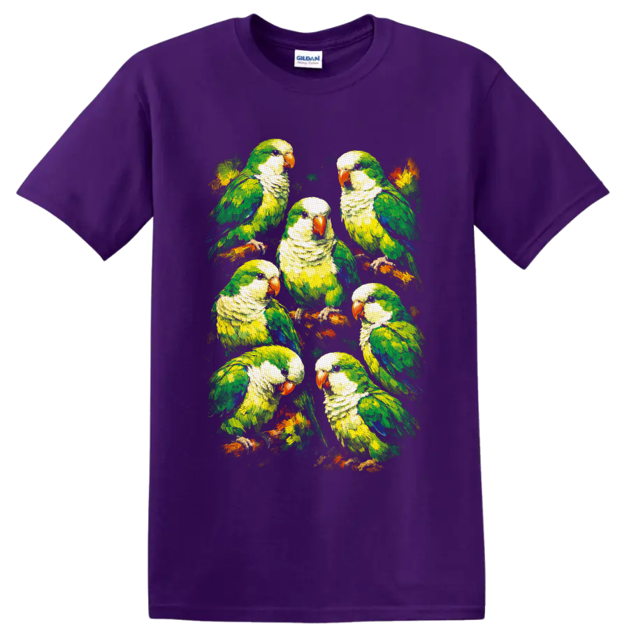 Painterly flock of seven green monk parakeets perched on colorful branches on a Purple T Shirt