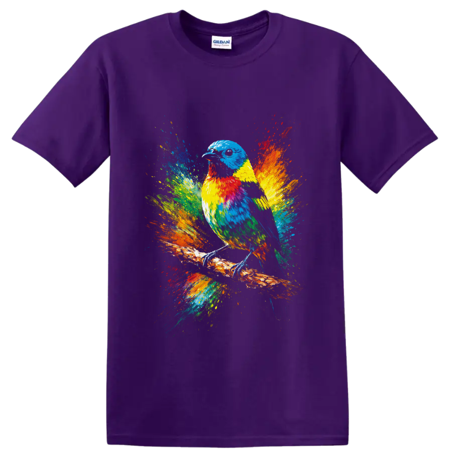 Colorful bird on a branch with vibrant rainbow paint splashes on a Purple T Shirt
