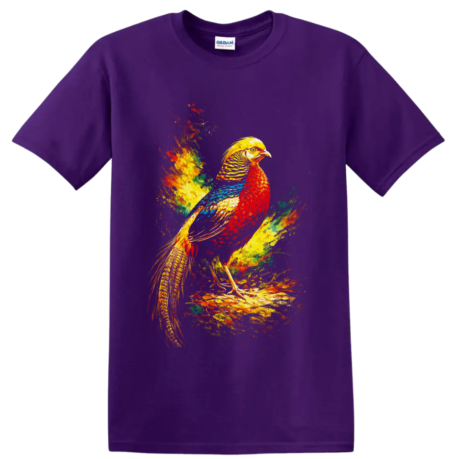 Colorful long-tailed bird in vibrant red, yellow, blue, and green paint splash art on a Purple T Shirt