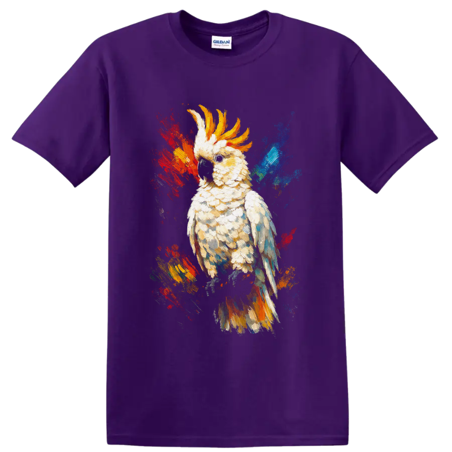White cockatoo with golden crest in colorful textured watercolor splash art on a Purple T Shirt