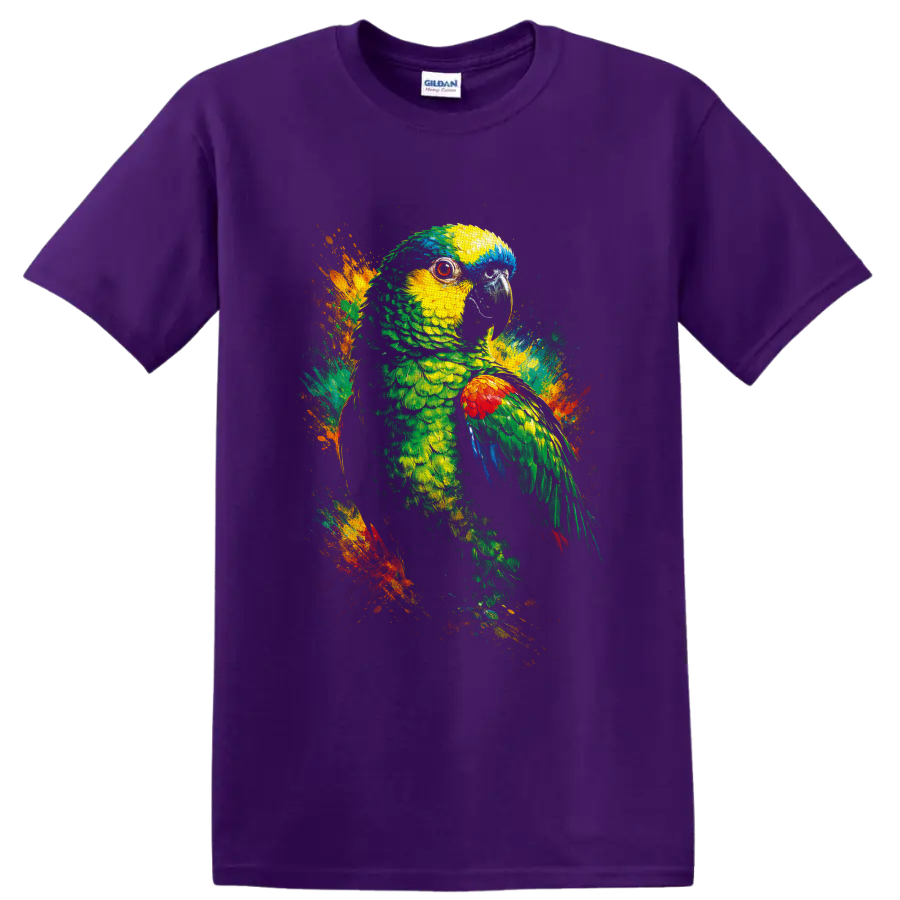 Colorful parrot portrait with tropical paint splashes in a vivid painterly style on a Purple T Shirt