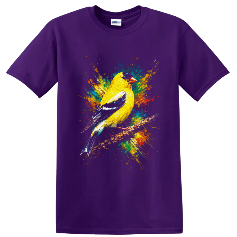 American goldfinch perched on a branch with vibrant abstract paint splashes on a Purple T Shirt
