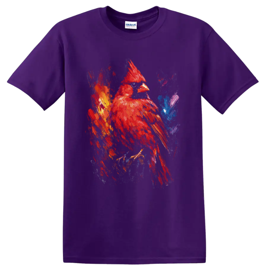 Red cardinal in colorful abstract paint splash wildlife art on a Purple T Shirt