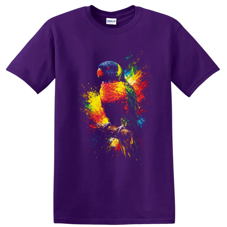 Rainbow lorikeet perched on a branch in vibrant multicolor paint-splash art on a Purple T Shirt
