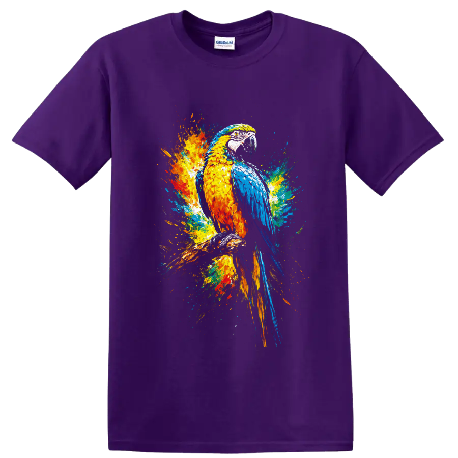 Colorful macaw parrot perched on a branch in vibrant paint splash art on a Purple T Shirt